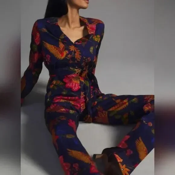 Anthropologie Farm Rio Size L Jumpsuit Tie-Waist Blue Floral Bird Motif